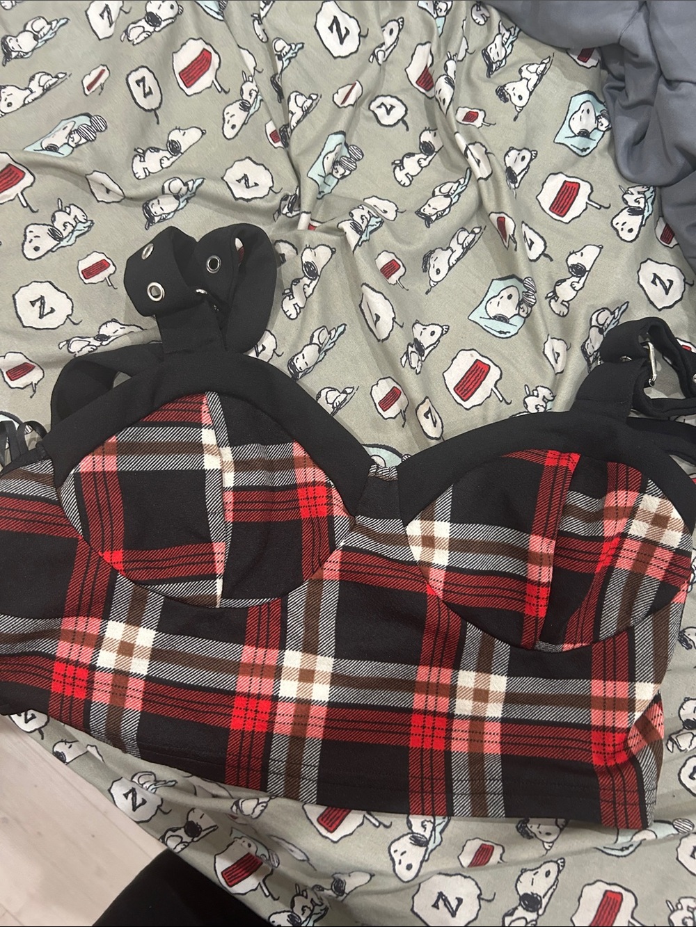 Plaid Bustier Crop Top in Black & Red